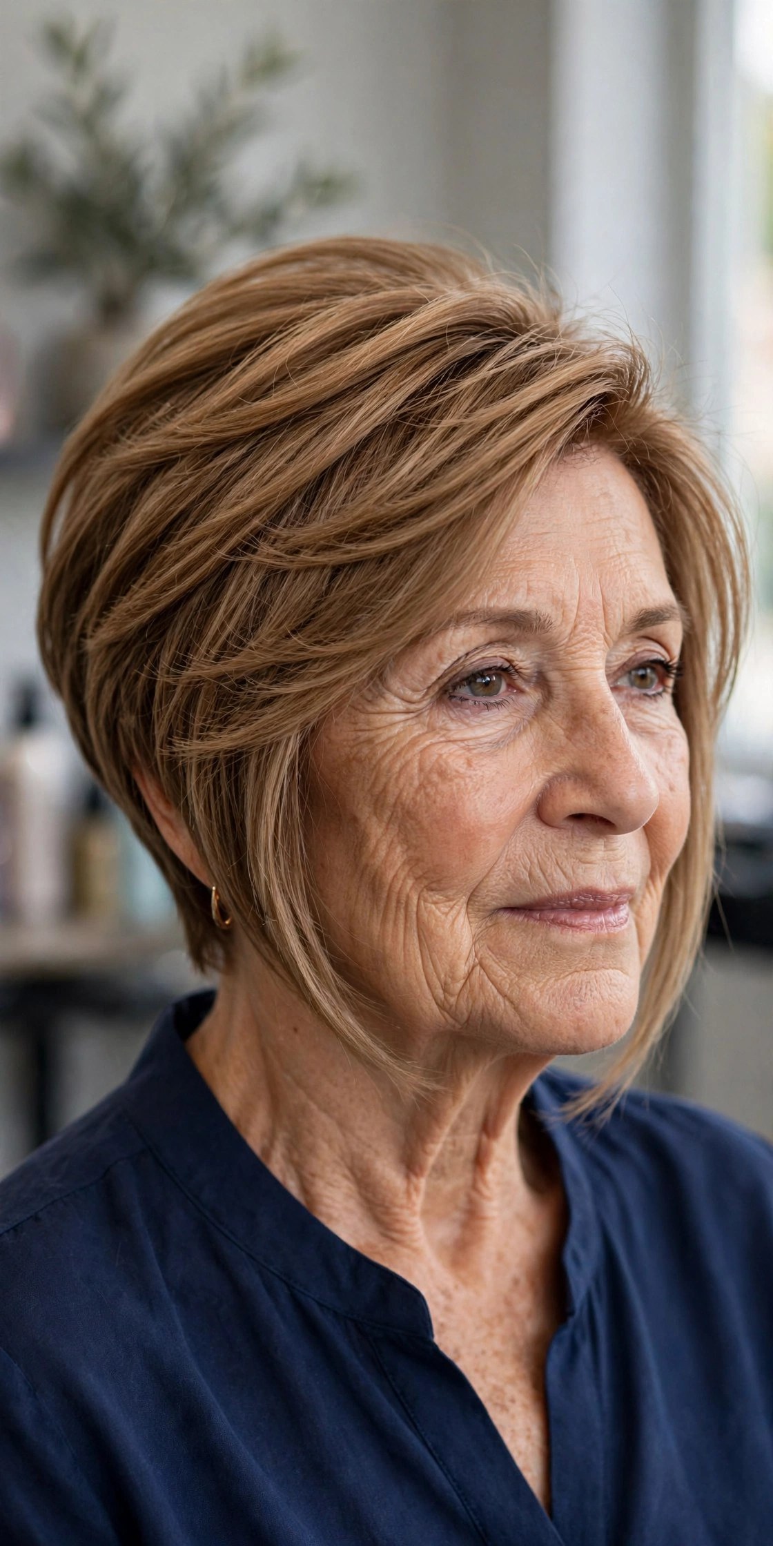 Feathered long pixie haircut with face-framing layers on a woman over 50