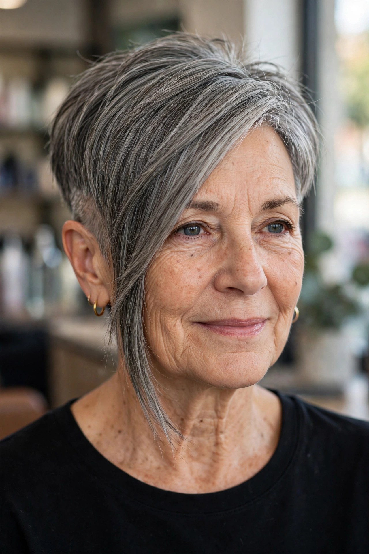 Asymmetrical long pixie haircut on a woman over 50 with salt and pepper hair