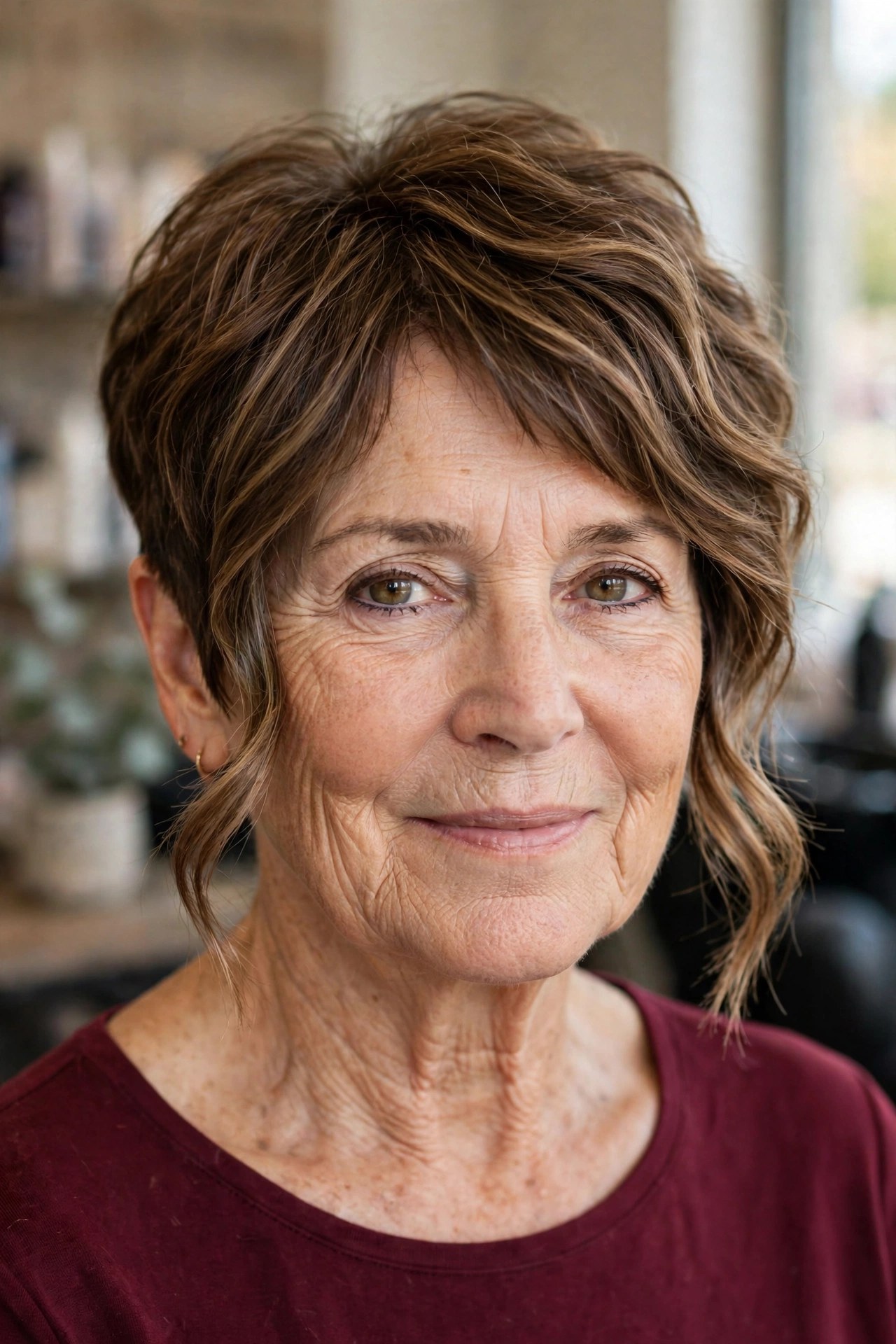Long pixie haircut with soft waves on a woman over 50 with brunette hair