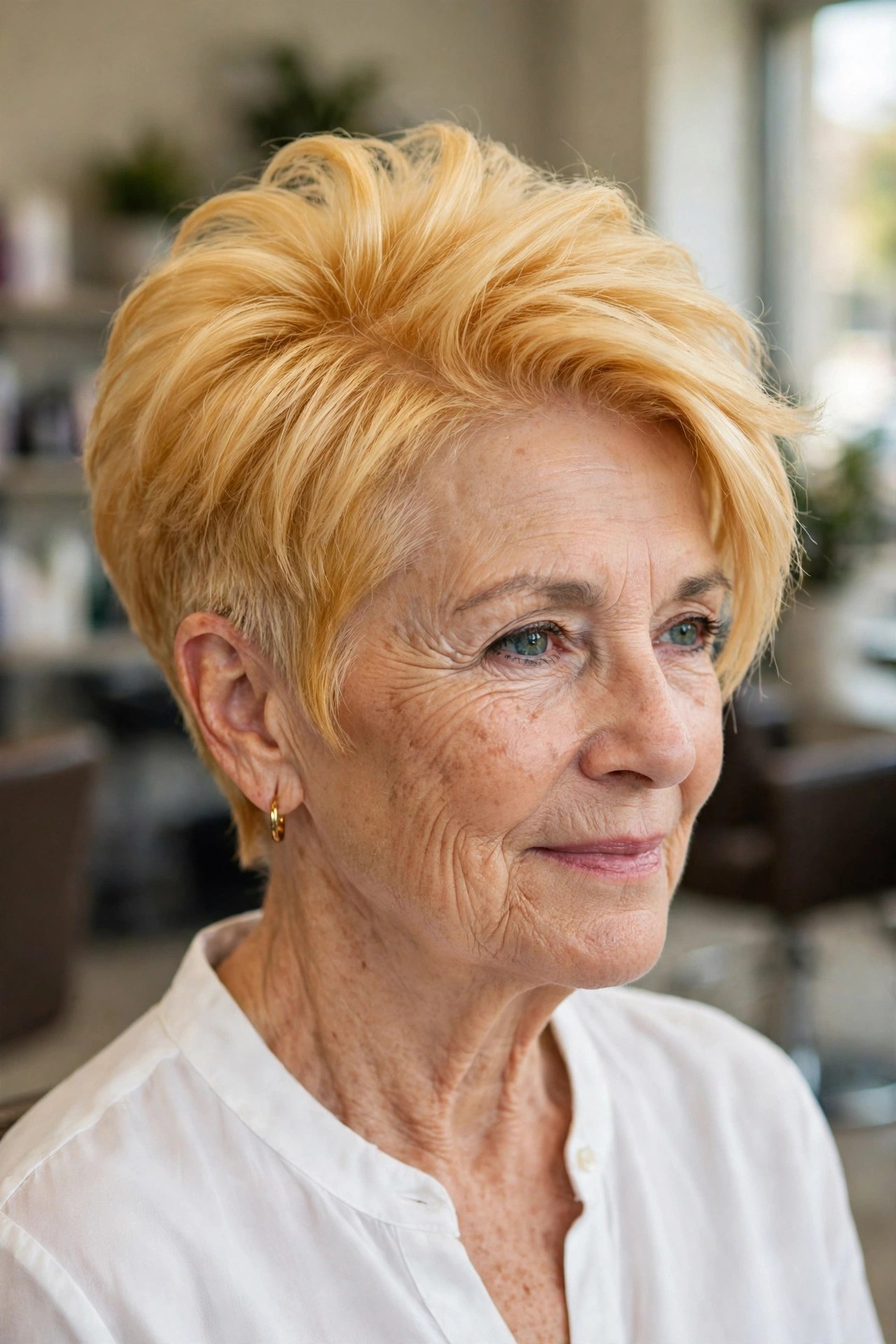 Tapered long pixie with crown volume on a woman over 50 with blonde hair