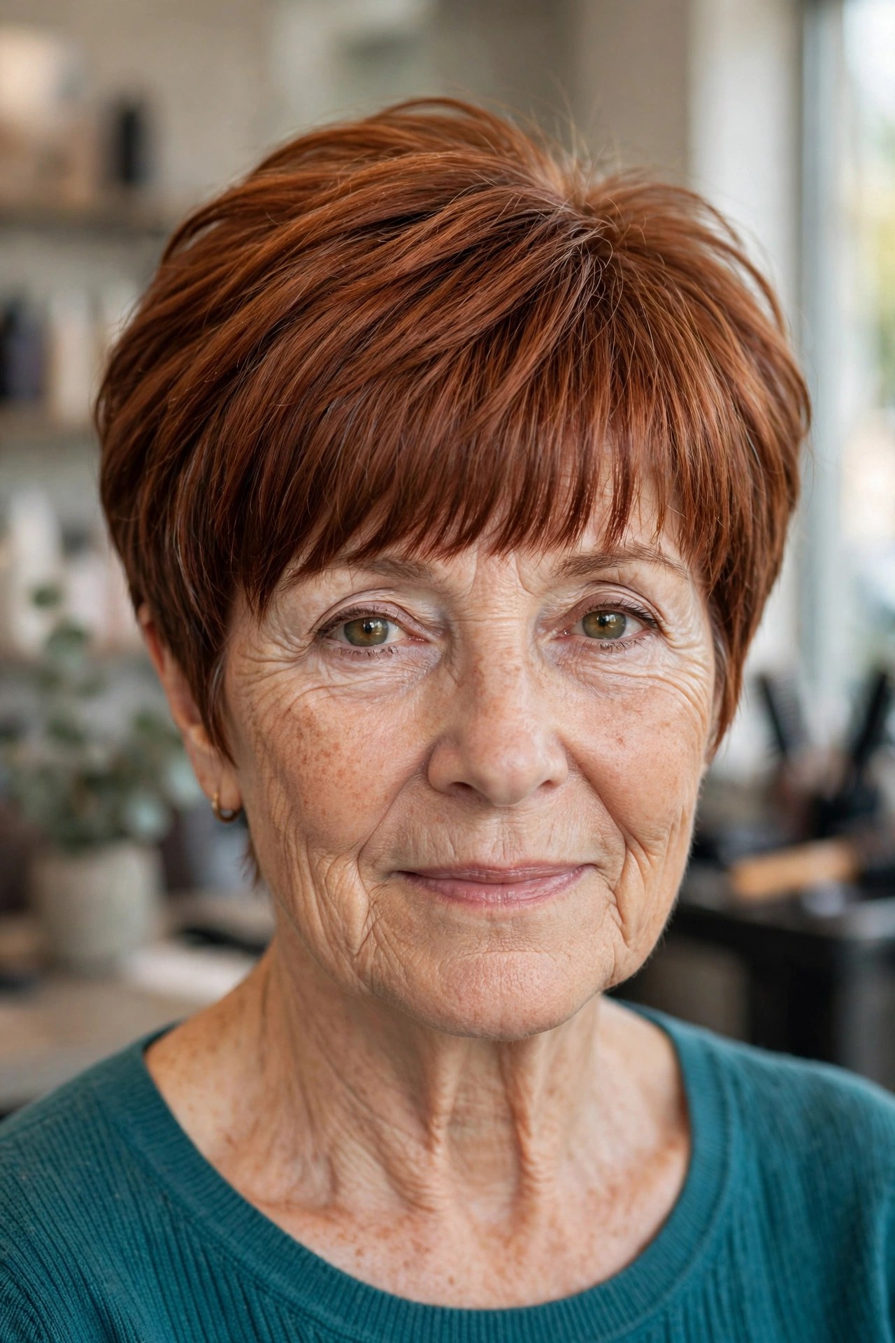 Long pixie haircut with a long bold fringe on a woman over 50 with auburn hair