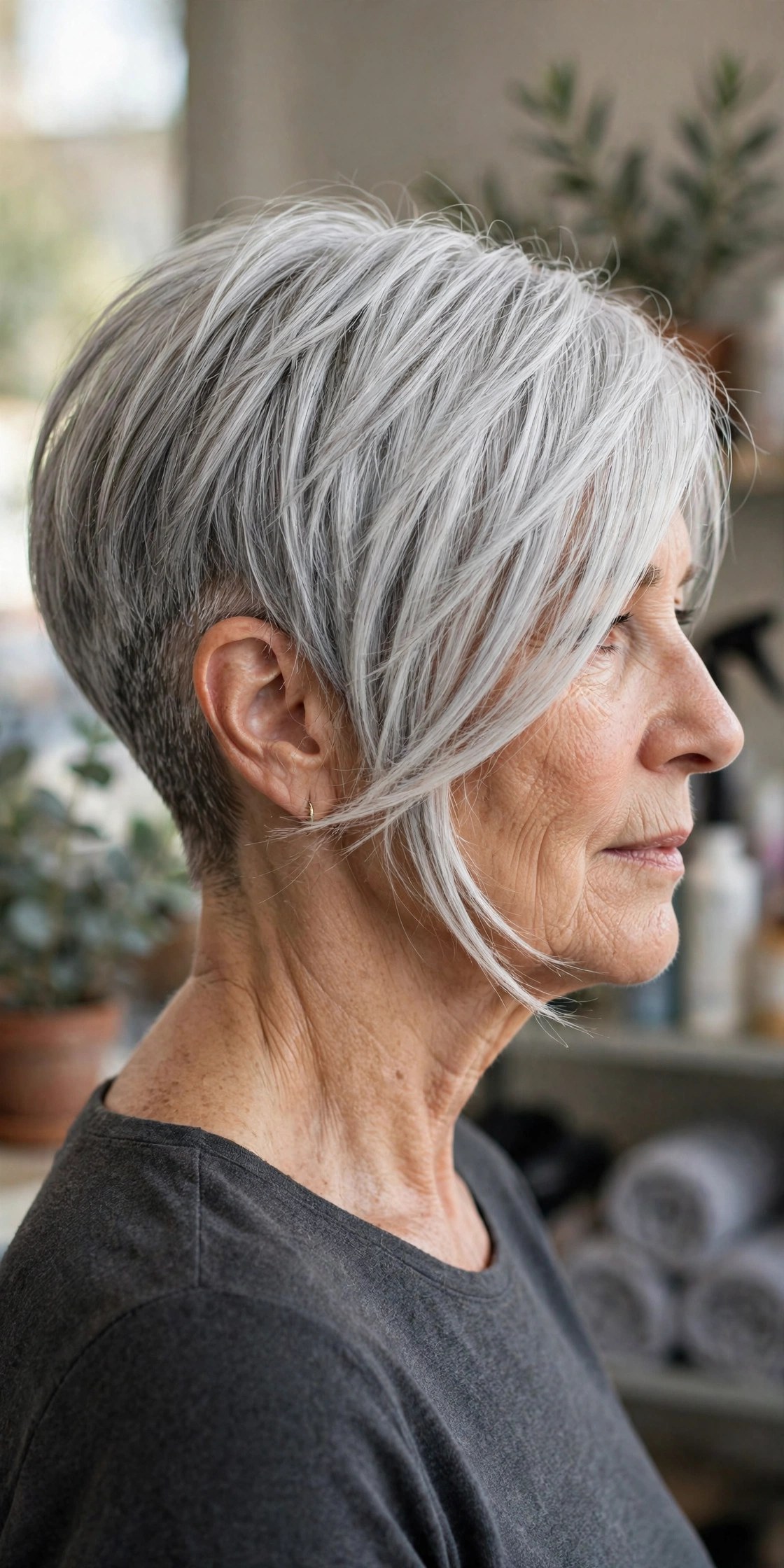 Long pixie haircut with a soft undercut on a woman over 50 with silver gray hair