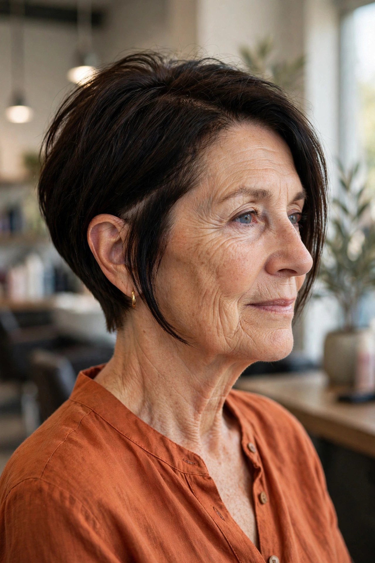 Long pixie haircut tucked behind the ear on a woman over 50 with dark brown hair