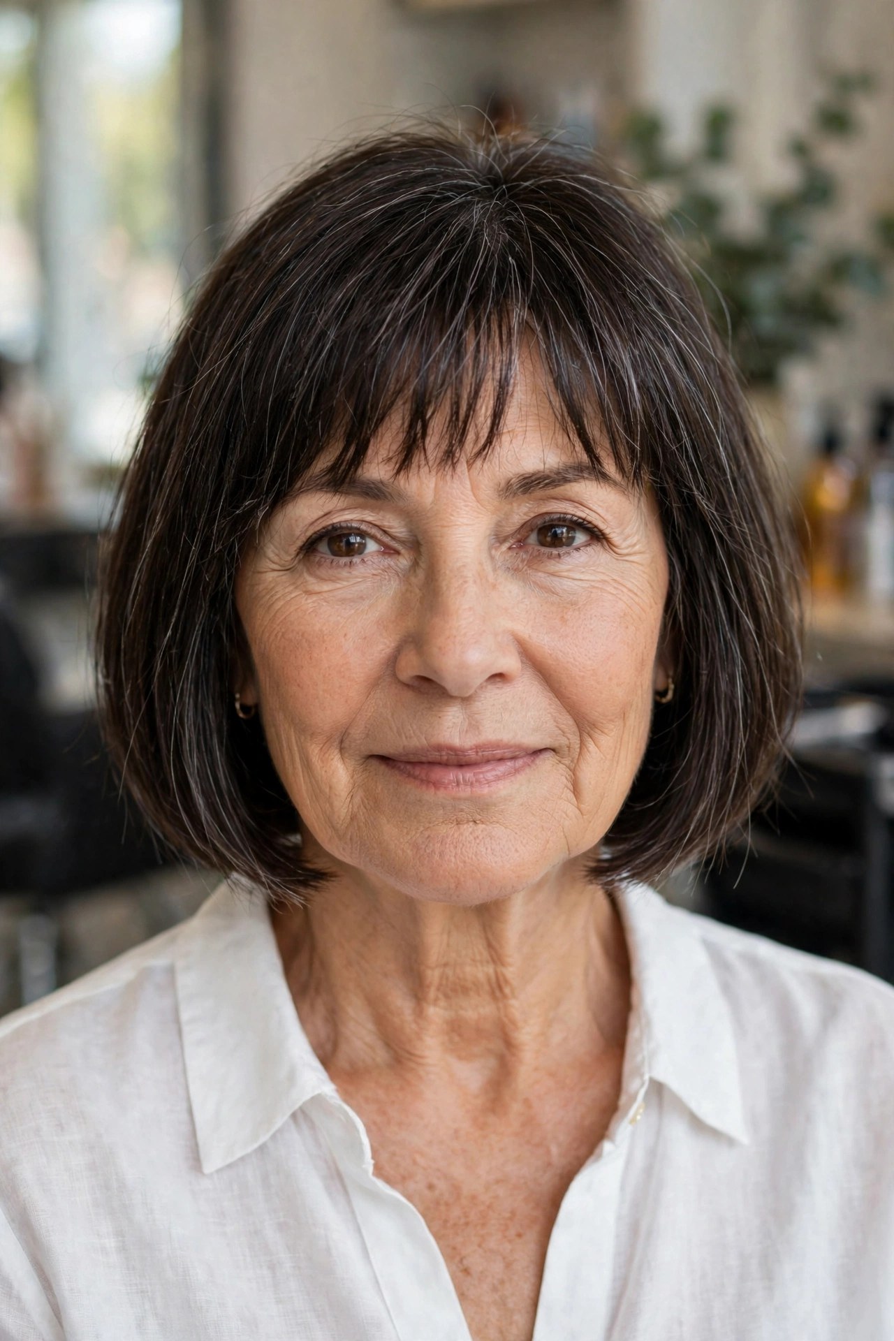 The Straight-Across French Bob on a woman over 50 - low maintenance hairstyle