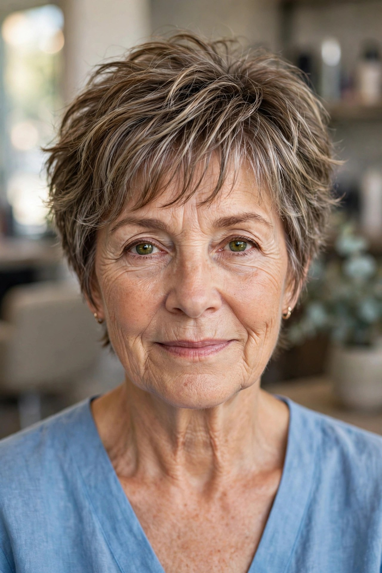The Textured Crop With Wispy Bangs on a woman over 50 - low maintenance hairstyle