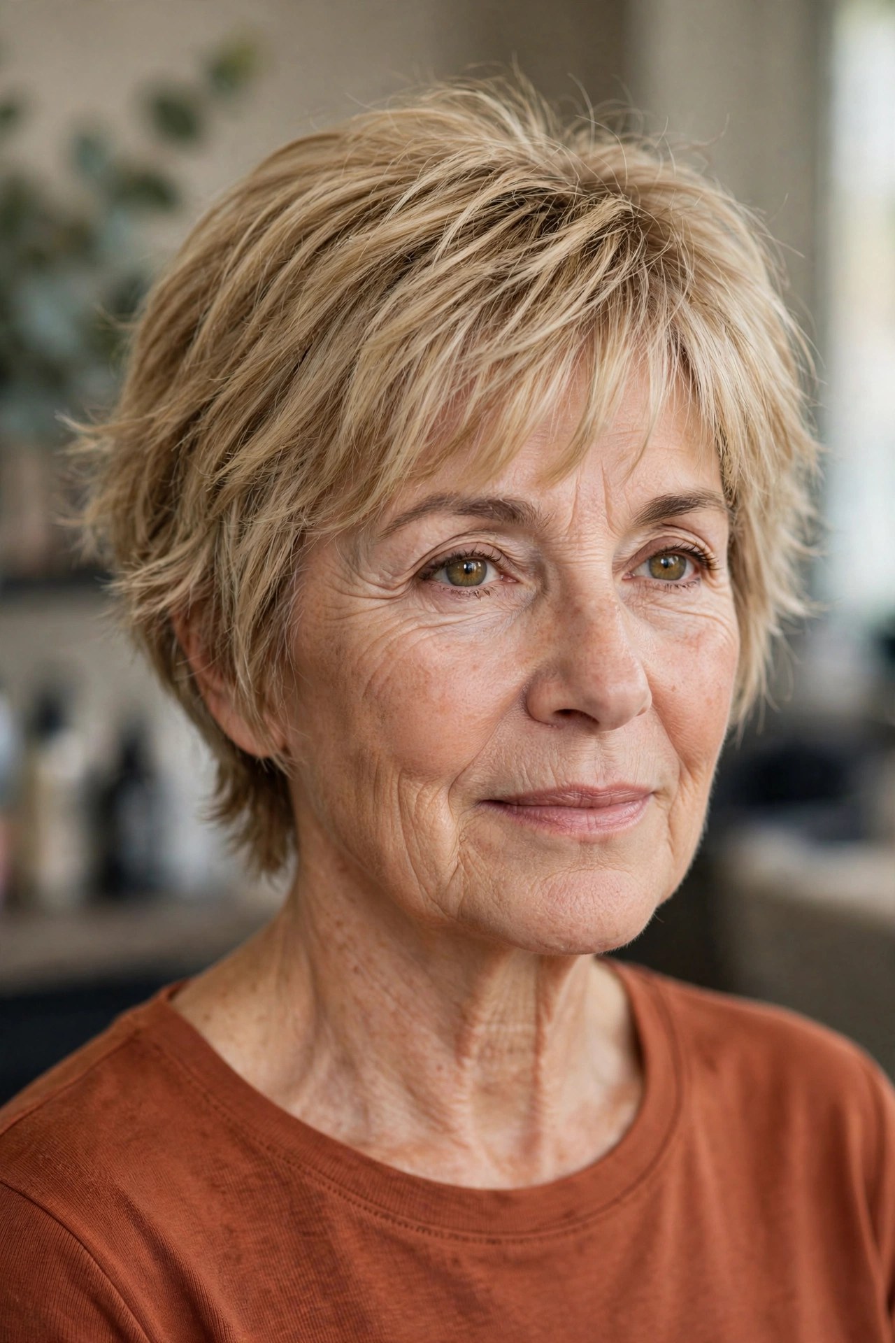 The Feathered Short Shag on a woman over 50 - low maintenance hairstyle