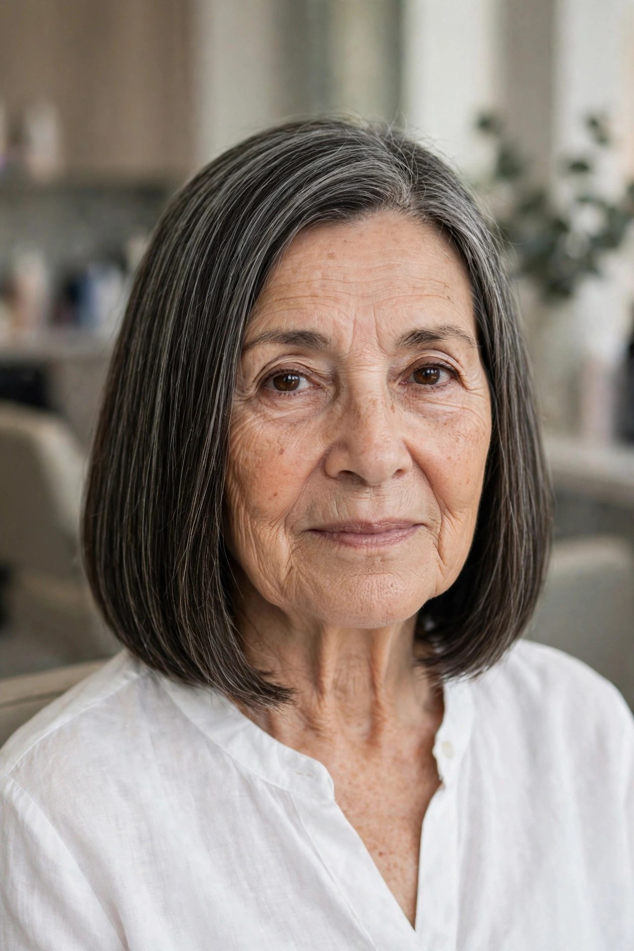 One-Length Bob with Smooth, Solid Ends - low maintenance haircut on a woman over 60