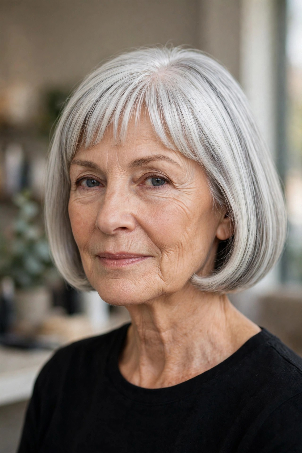 Neat French Bob with a Short Tidy Fringe - low maintenance haircut on a woman over 60