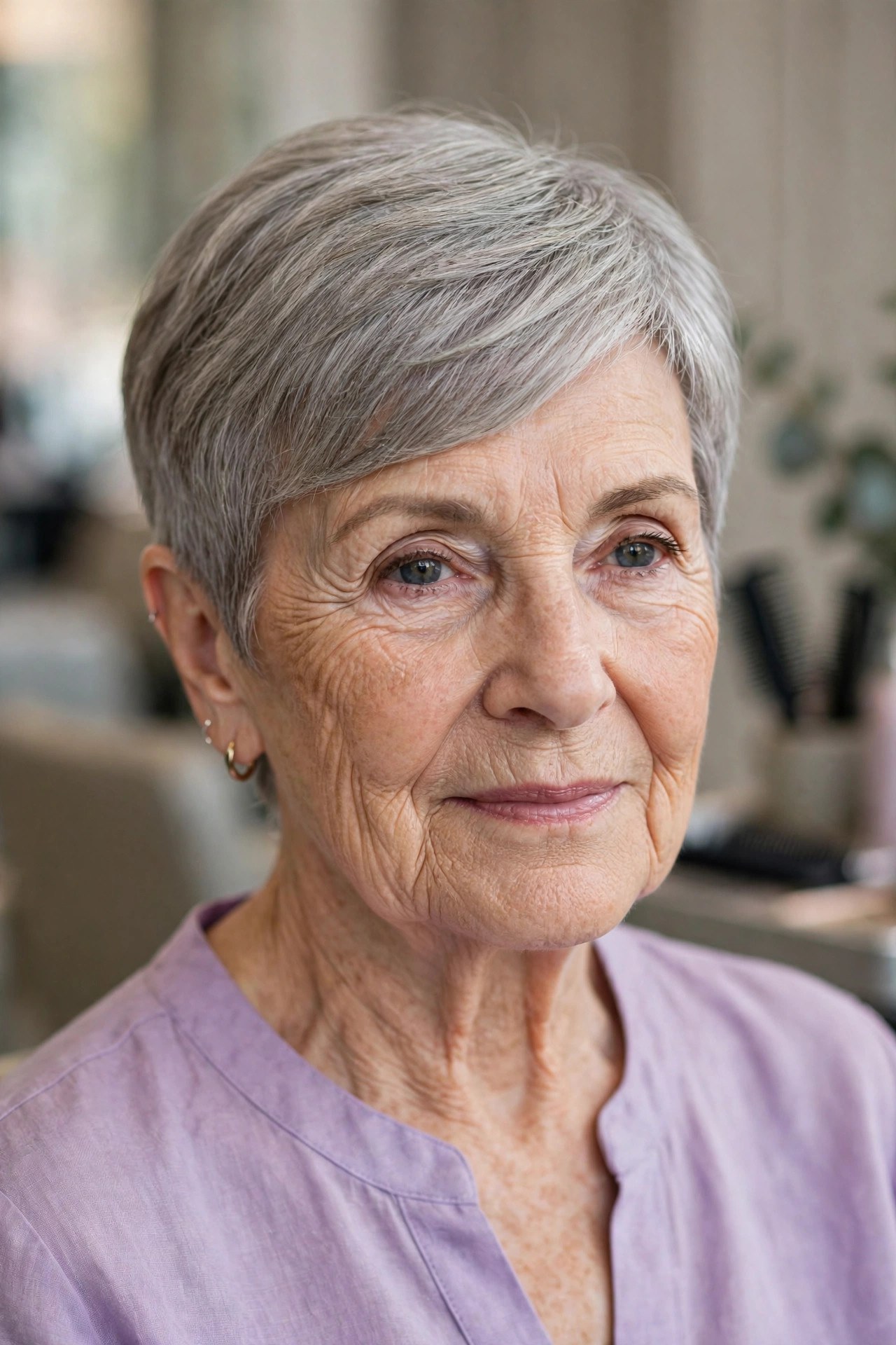 Pixie with a Side-Swept Fringe - low maintenance haircut on a woman over 60