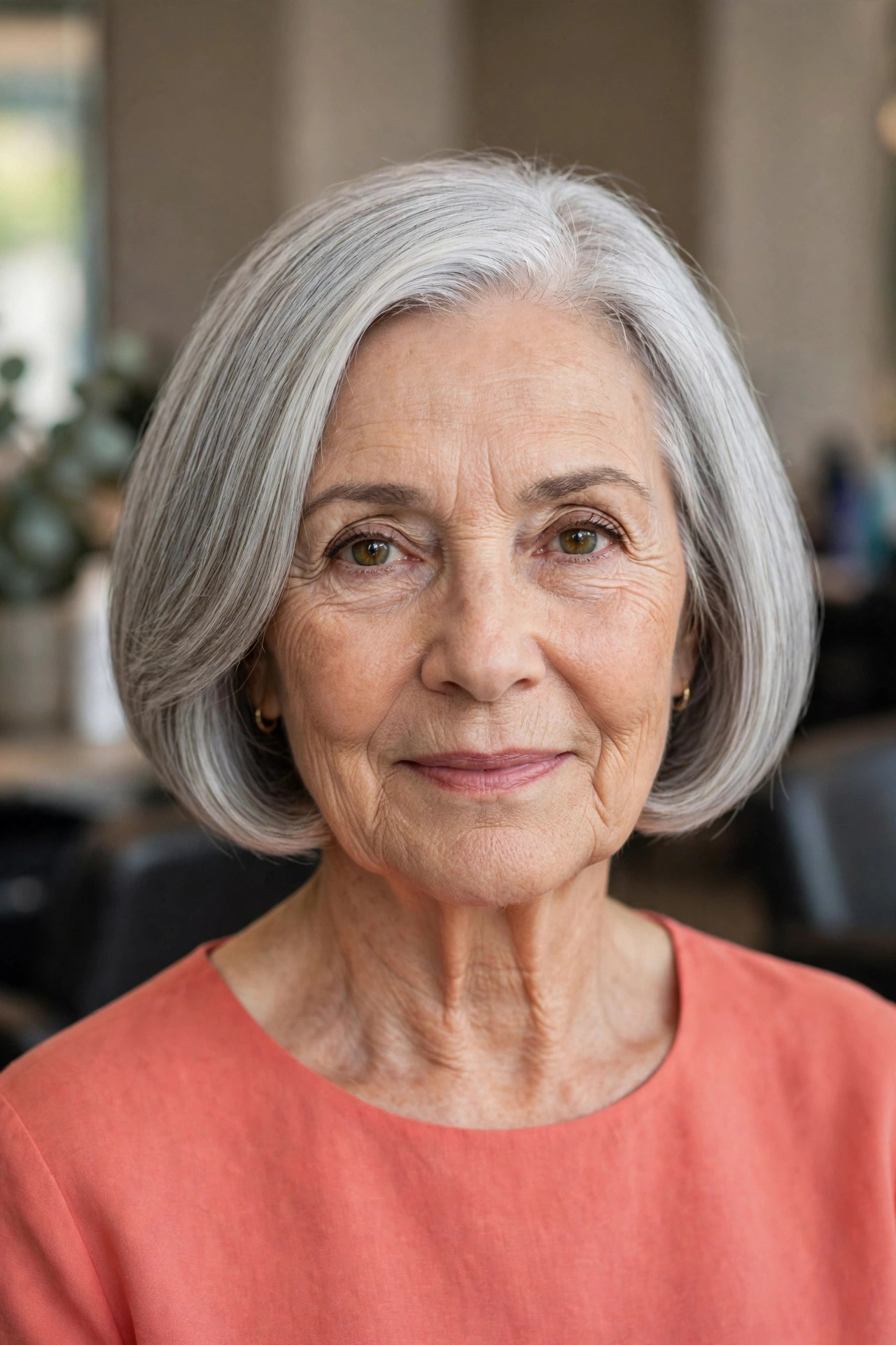 Rounded Bob with One Smooth Curved Line - low maintenance haircut on a woman over 60