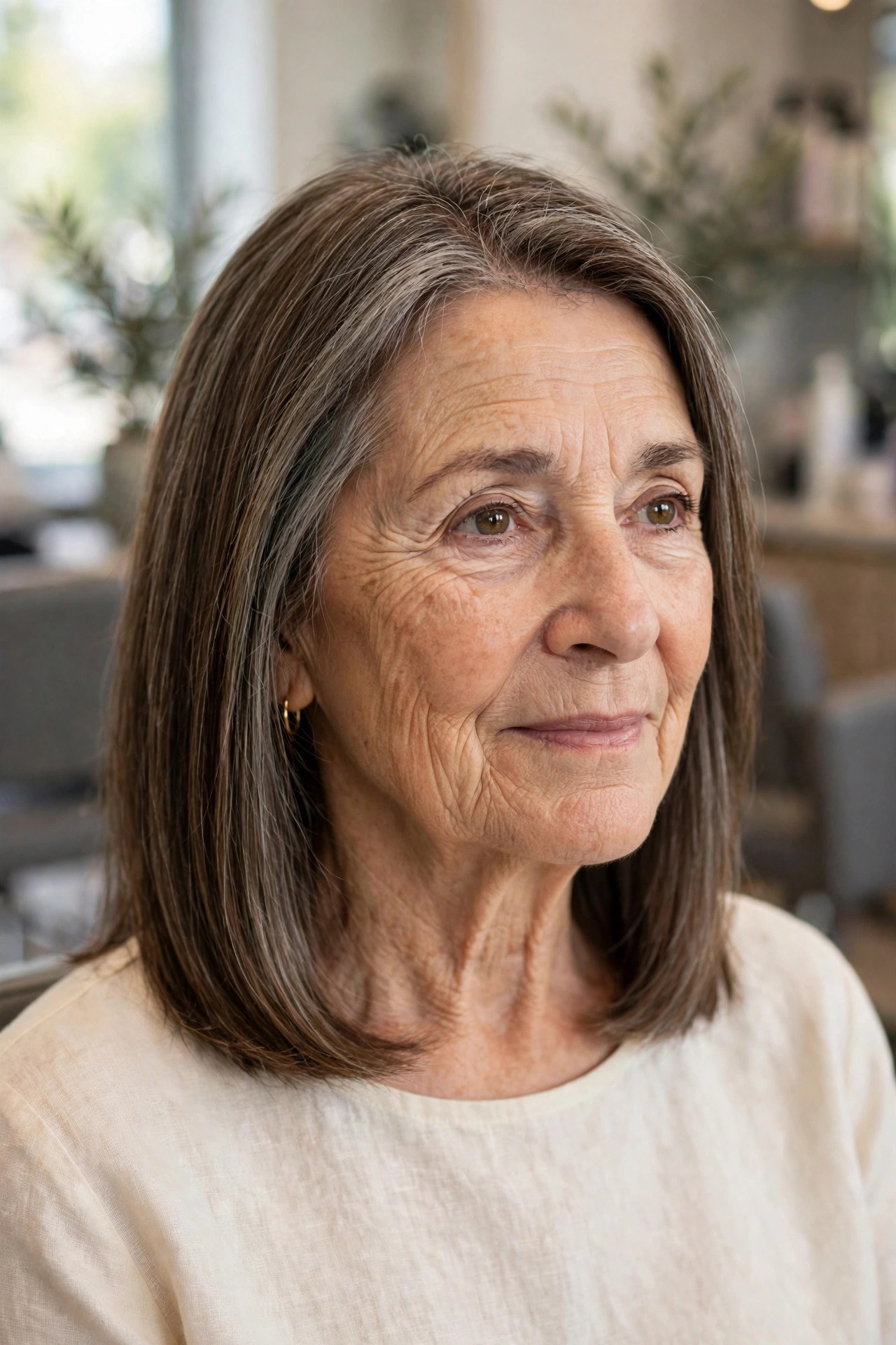 Simple Lob with Blunt, Easy Ends - low maintenance haircut on a woman over 60