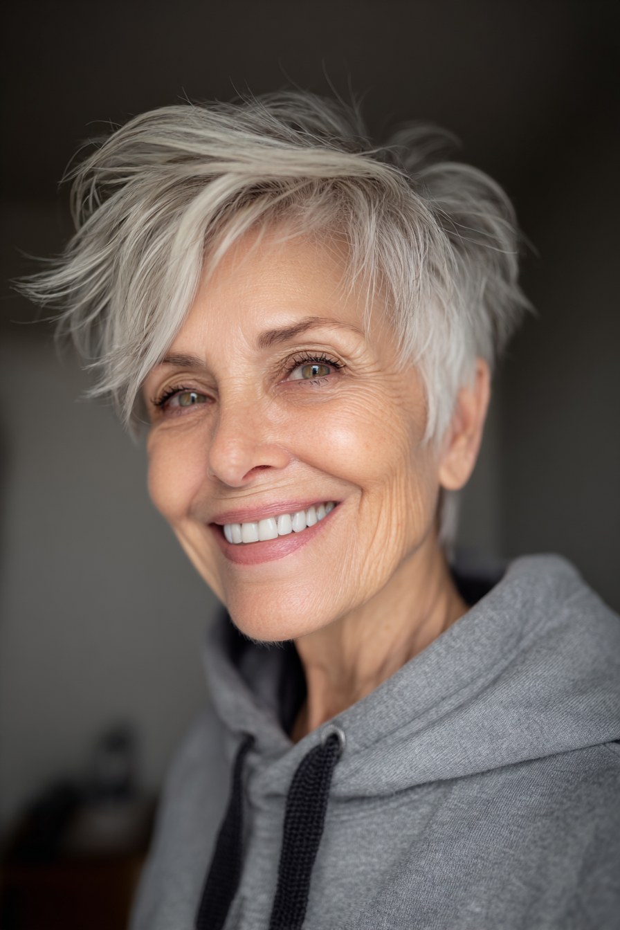 Woman over 70 with choppy pixie that needs only fingertips — easy-care hairstyle for women over 70