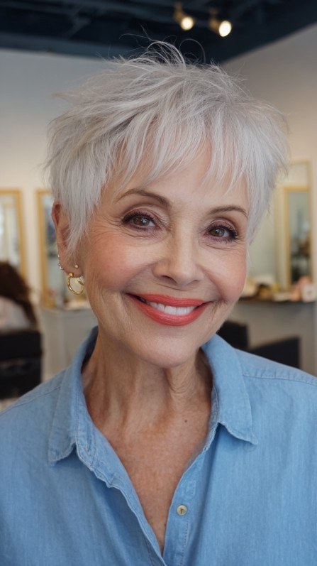 Woman over 70 with chin-length cut with easy, light layers — easy-care hairstyle for women over 70