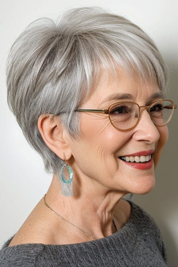 Woman over 70 with glasses-friendly crop with clean ear lines — easy-care hairstyle for women over 70