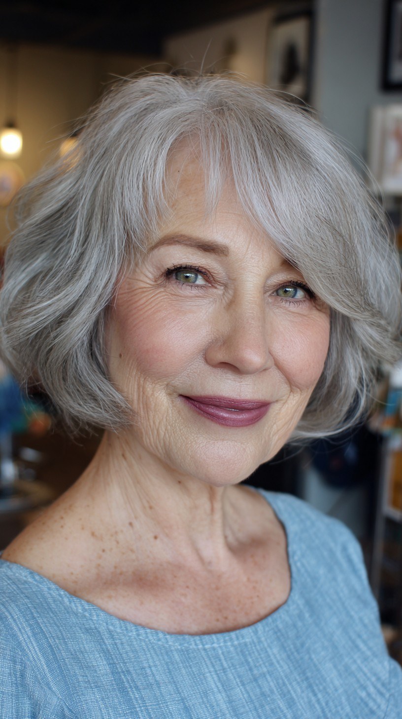 Woman over 70 with soft white bob with a gentle fringe — easy-care hairstyle for women over 70