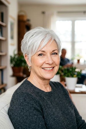 Woman over 70 with neat short crop that holds its shape all week — easy-care hairstyle for women over 70