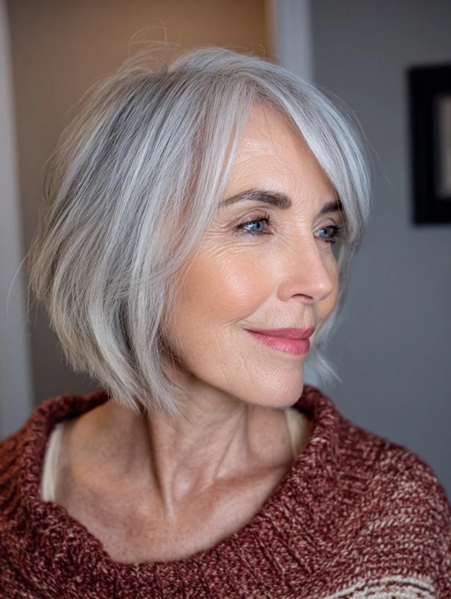 Woman over 70 with smooth crop that lies flat without products — easy-care hairstyle for women over 70