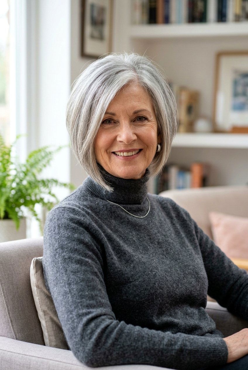 Woman over 70 with gentle layered cut for low-energy mornings — easy-care hairstyle for women over 70