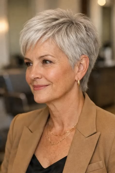 Woman over 70 with classic short cut that grows out gracefully — easy-care hairstyle for women over 70