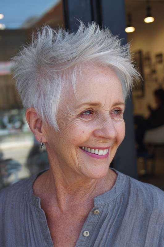 Woman over 70 with short silver style with a tidy neckline — easy-care hairstyle for women over 70