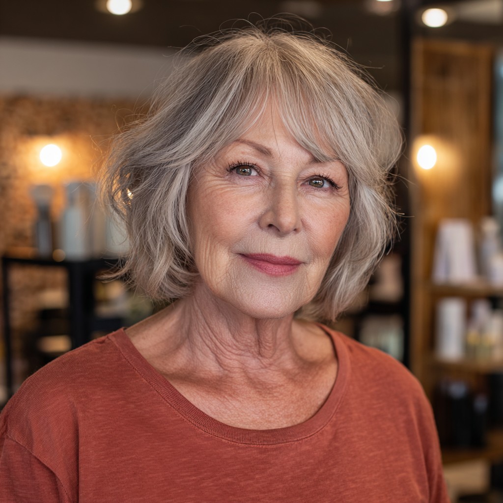 Ash-Brown Lowlights Under a Silver Bob — lowlights for gray hair on a woman over 70 adding depth while hair stays mostly silver