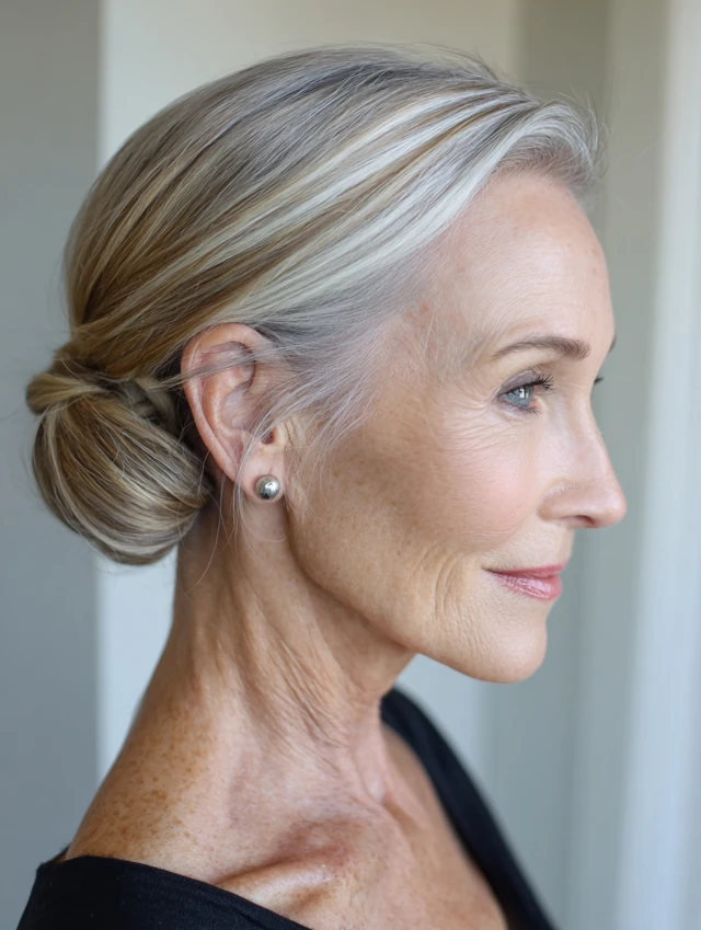 Silver Low Bun With Soft Shadowed Depth — lowlights for gray hair on a woman over 70 adding depth while hair stays mostly silver