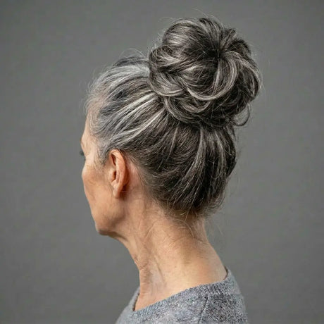 Salt-and-Pepper Bun Seen From the Back — lowlights for gray hair on a woman over 70 adding depth while hair stays mostly silver