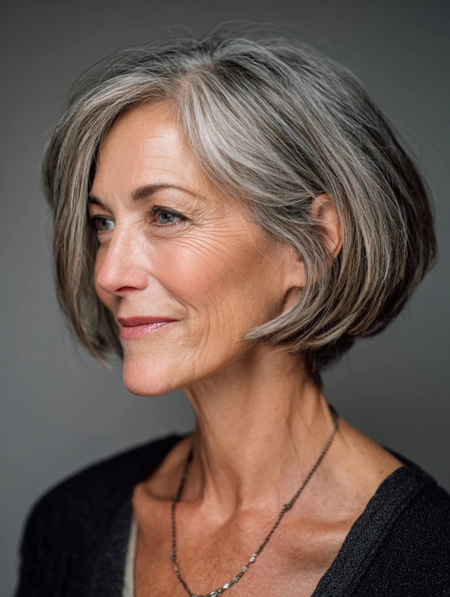 Salt-and-Pepper Bob With a Darker Nape — lowlights for gray hair on a woman over 70 adding depth while hair stays mostly silver