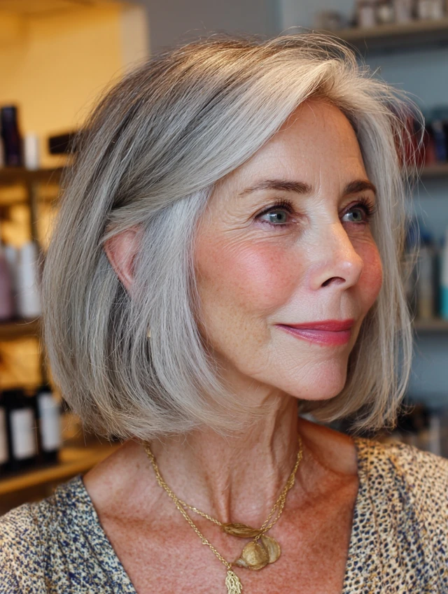 Bright Silver Bob With a Soft Root Shadow — lowlights for gray hair on a woman over 70 adding depth while hair stays mostly silver