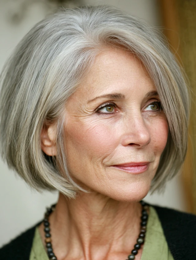 Silver Bob With Gentle Ash Lowlights — lowlights for gray hair on a woman over 70 adding depth while hair stays mostly silver