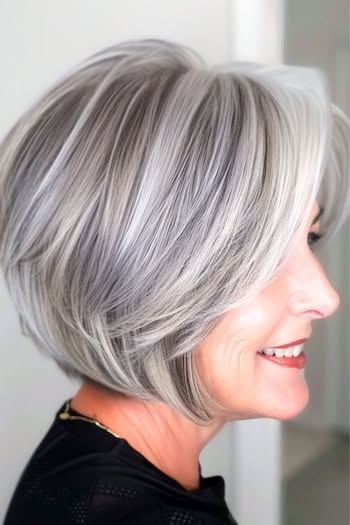 Ribbon Lowlights in a Stacked Silver Bob — lowlights for gray hair on a woman over 70 adding depth while hair stays mostly silver