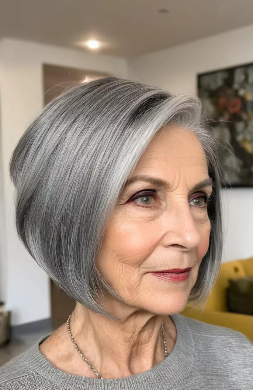 Steel-Gray Bob With Deep Charcoal Panels — lowlights for gray hair on a woman over 70 adding depth while hair stays mostly silver