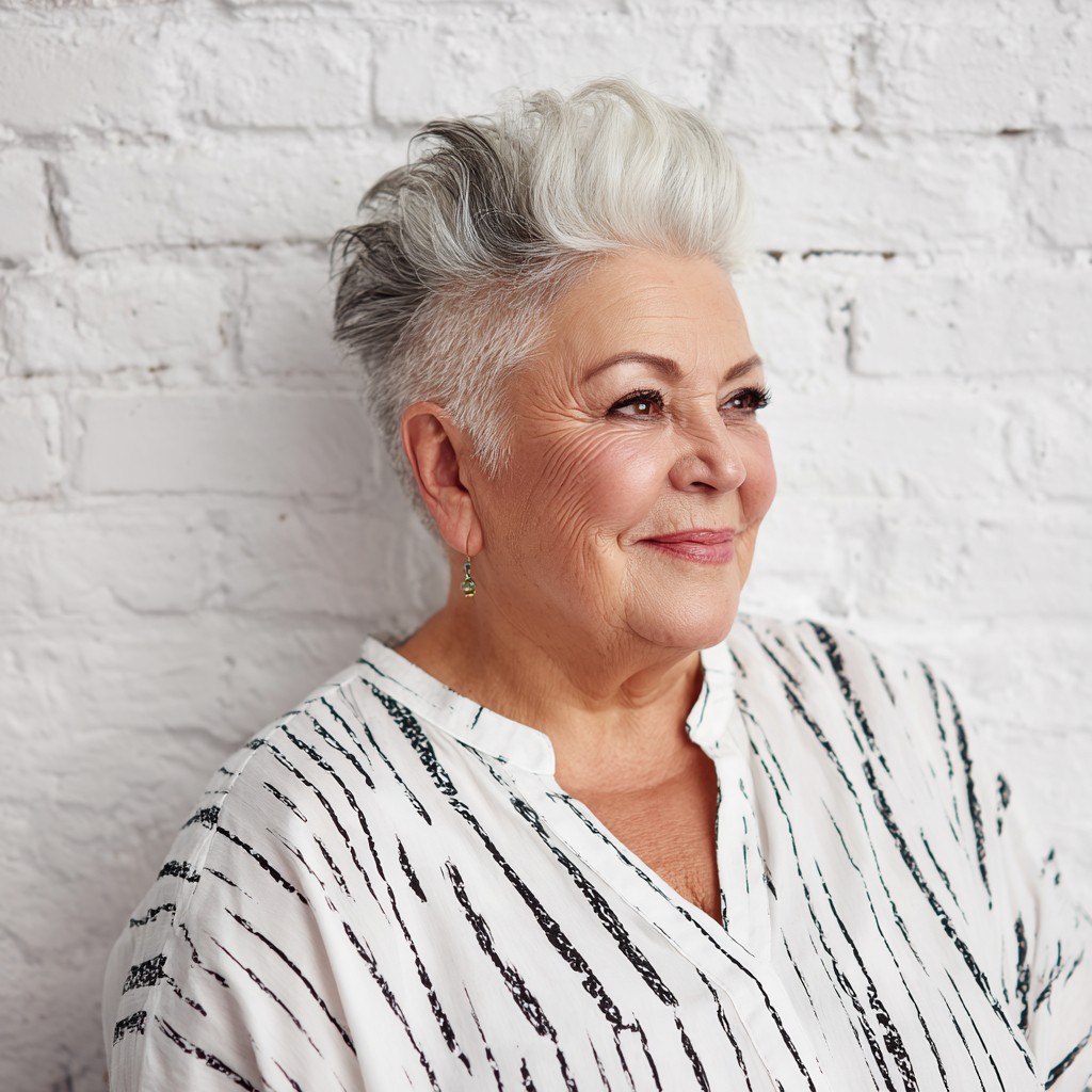 Silver Quiff With Charcoal Depth at the Sides — lowlights for gray hair on a woman over 70 adding depth while hair stays mostly silver