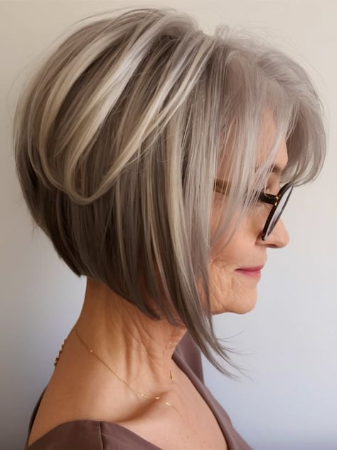 Mushroom-Gray Bob With Shadowed Ends — lowlights for gray hair on a woman over 70 adding depth while hair stays mostly silver