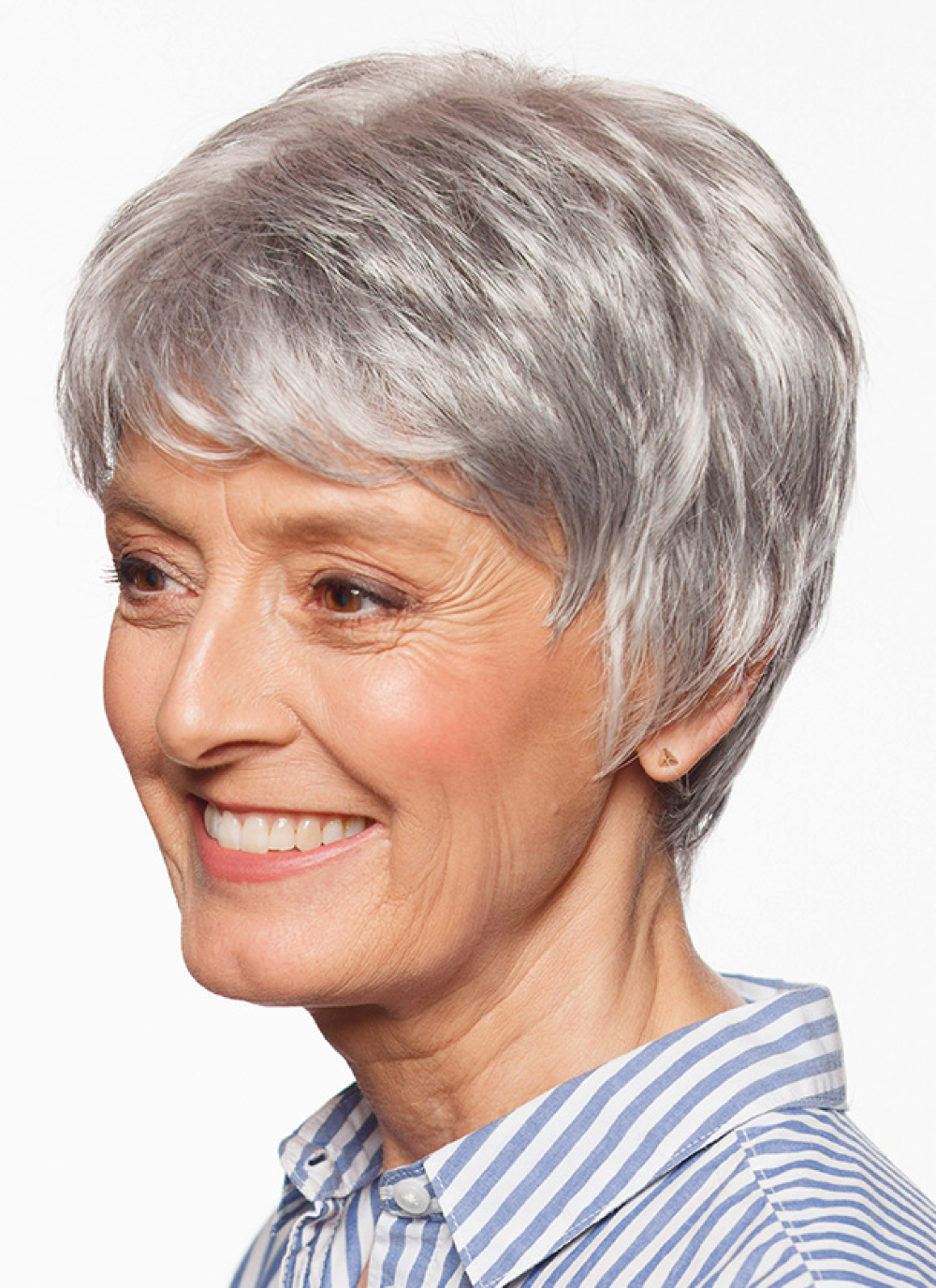 Silver Pixie With Smoky Root Depth — lowlights for gray hair on a woman over 70 adding depth while hair stays mostly silver