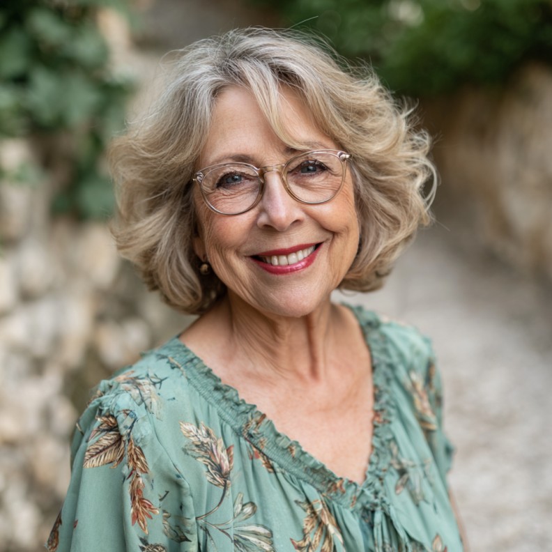 Silver Waves With Depth, Worn With Glasses — lowlights for gray hair on a woman over 70 adding depth while hair stays mostly silver