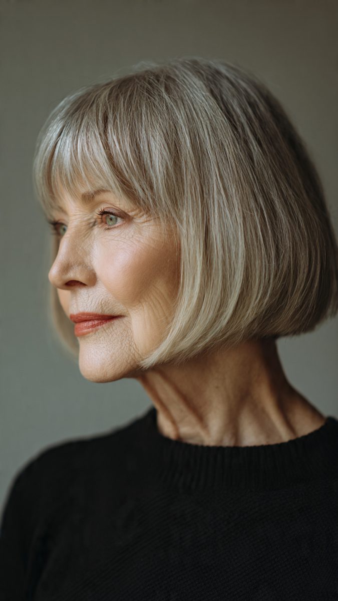 Gray Bob With a Darker Graduated Nape — lowlights for gray hair on a woman over 70 adding depth while hair stays mostly silver