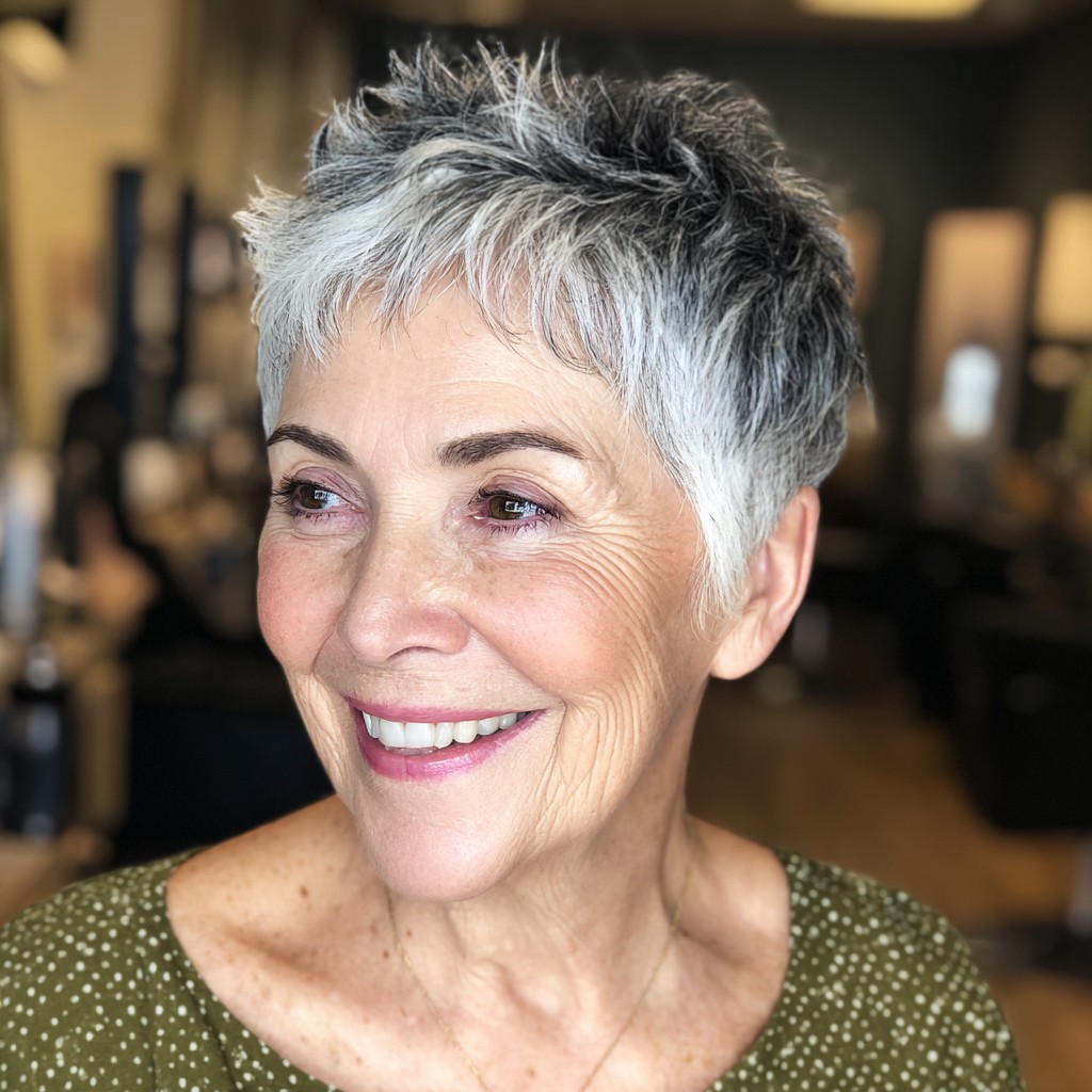 Salt-and-Pepper Pixie With a Bright Silver Top — lowlights for gray hair on a woman over 70 adding depth while hair stays mostly silver