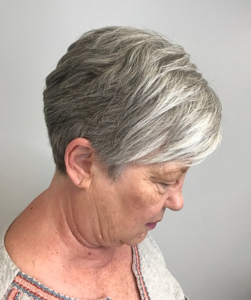 Pewter Lowlights in a Short Tapered Crop — lowlights for gray hair on a woman over 70 adding depth while hair stays mostly silver