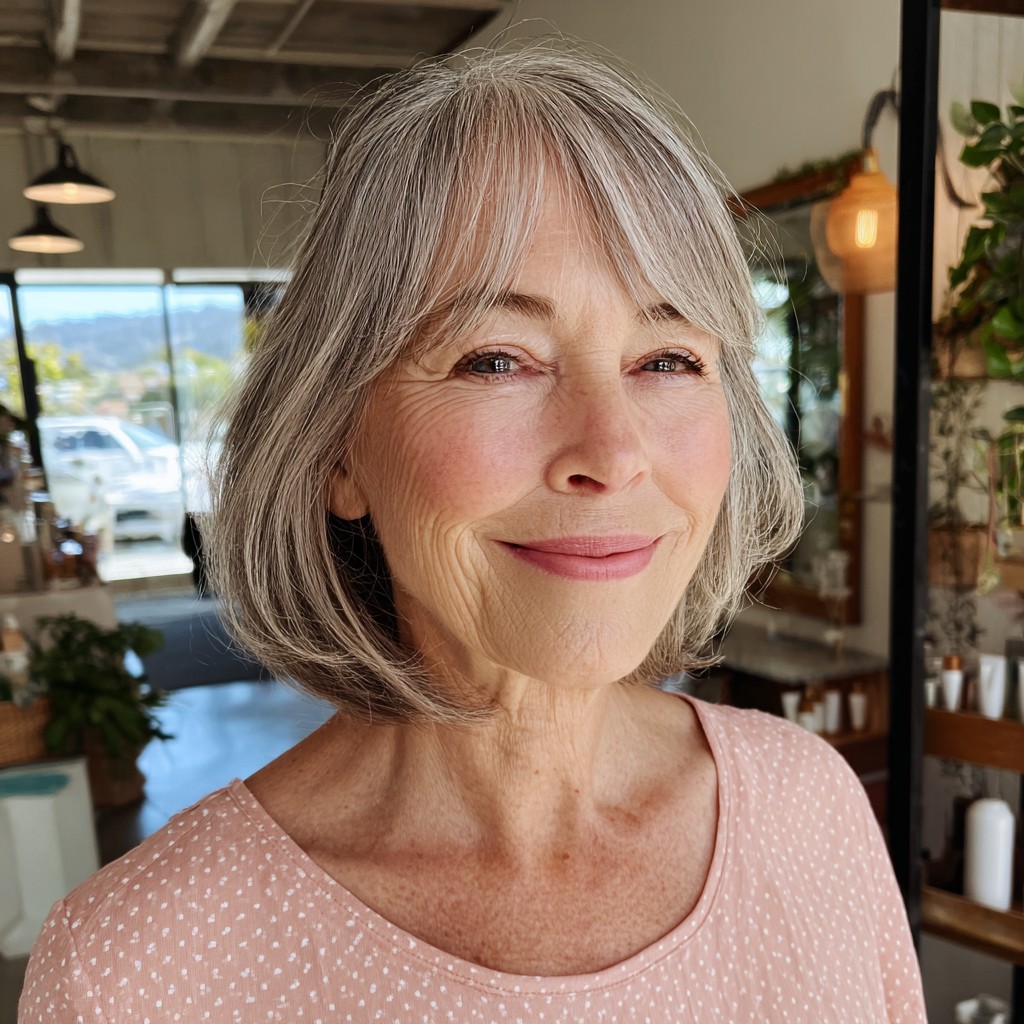 Mushroom Lowlights Softening a Gray Bob — lowlights for gray hair on a woman over 70 adding depth while hair stays mostly silver