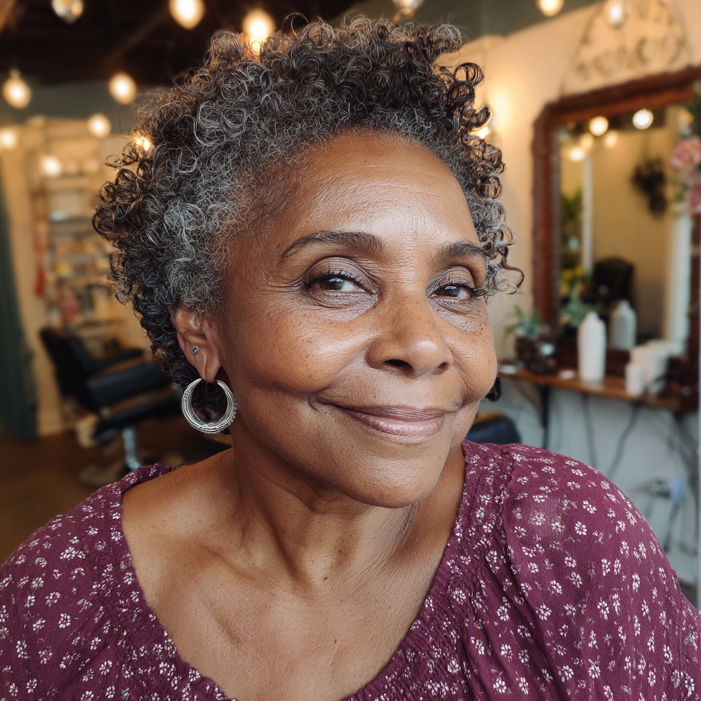 Salt-and-Pepper Curls With Natural Depth — lowlights for gray hair on a woman over 70 adding depth while hair stays mostly silver