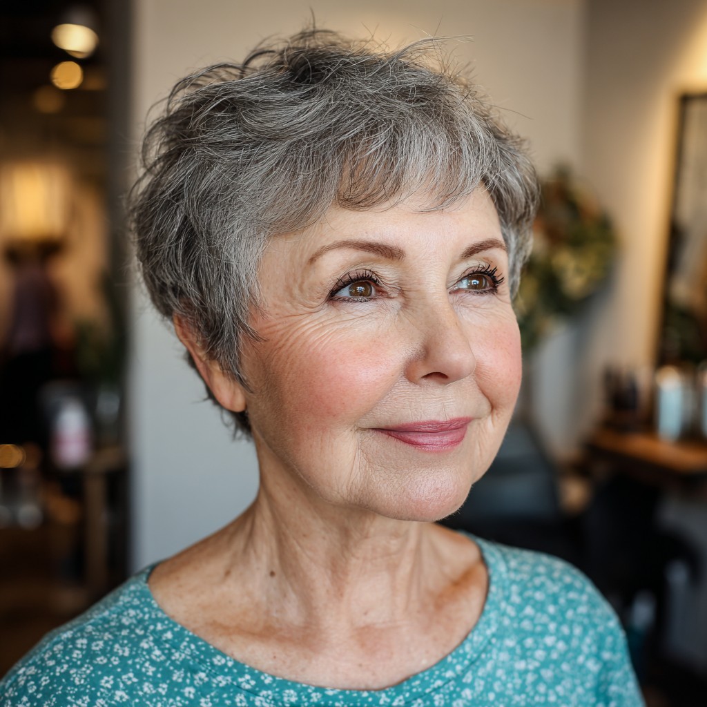 Fine Charcoal Lowlights Through a Silver Pixie — lowlights for gray hair on a woman over 70 adding depth while hair stays mostly silver