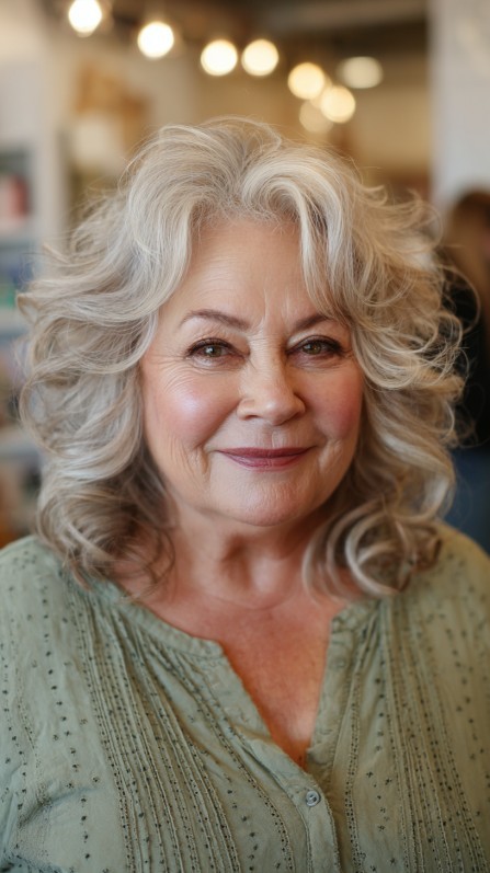 Medium layered haircut for thick hair on a woman over 70 with full dense hair - Full Curly Medium Cut With Defined Layers