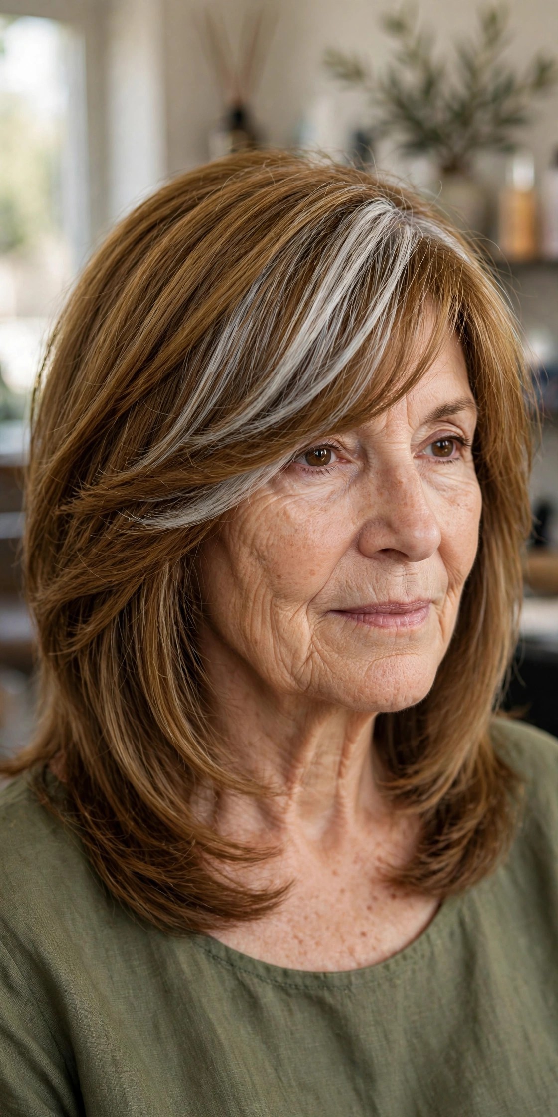 Layered Cut with Long Side-Swept Bangs - medium length haircut for thick hair on a woman over 50