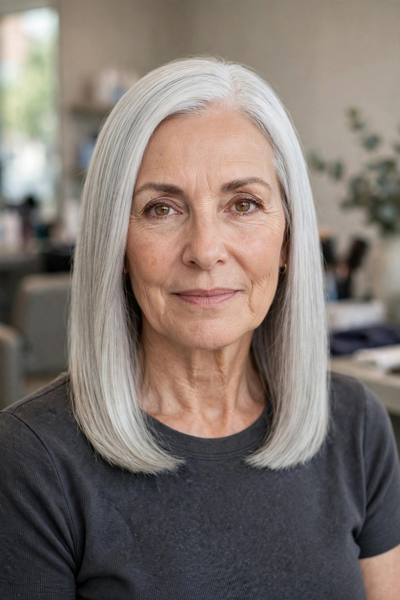 Sleek Straight Lob with a Slim Silhouette - medium length haircut for thick hair on a woman over 50