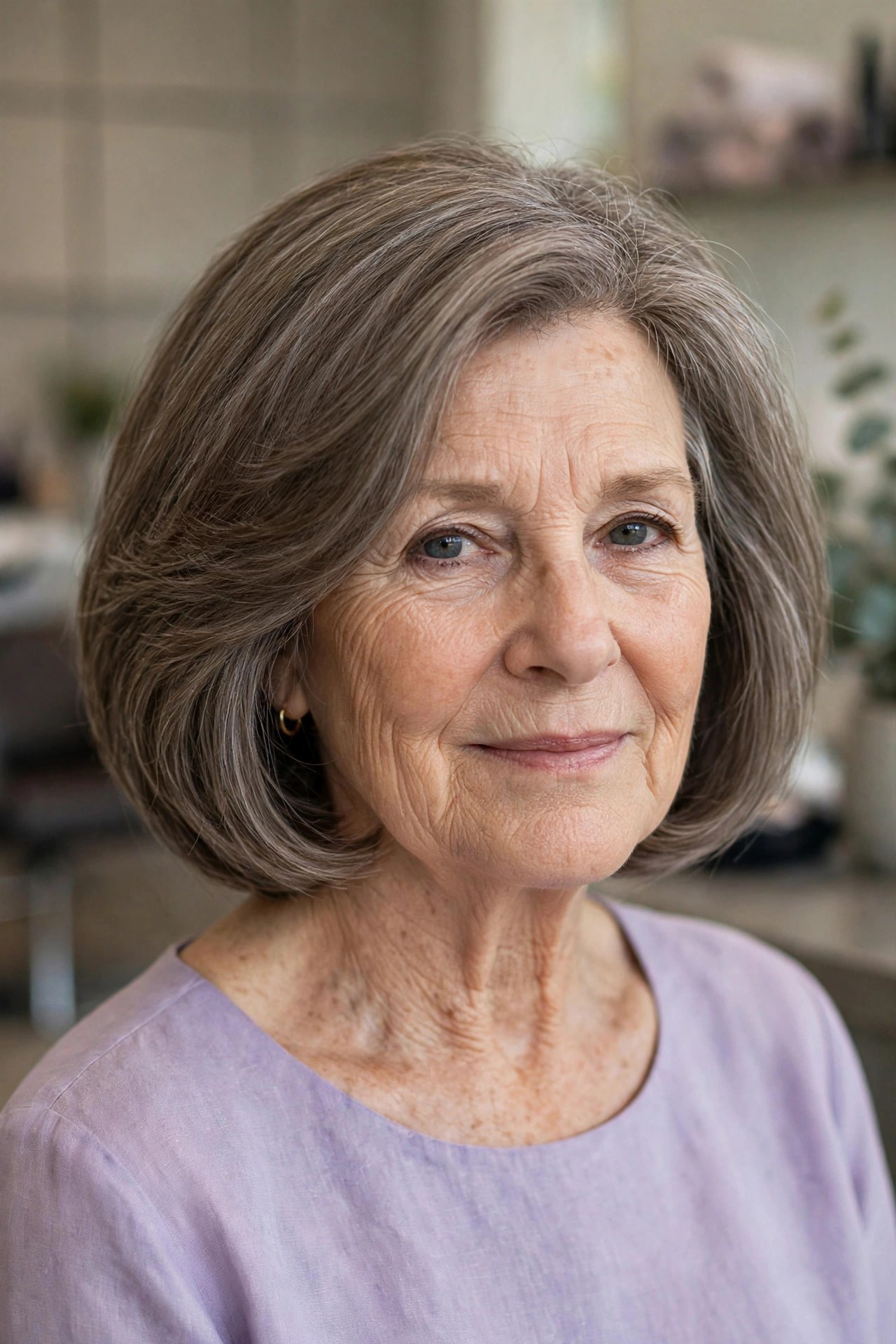 Rounded Layered Bob with Gray Blending - medium length haircut for thick hair on a woman over 50