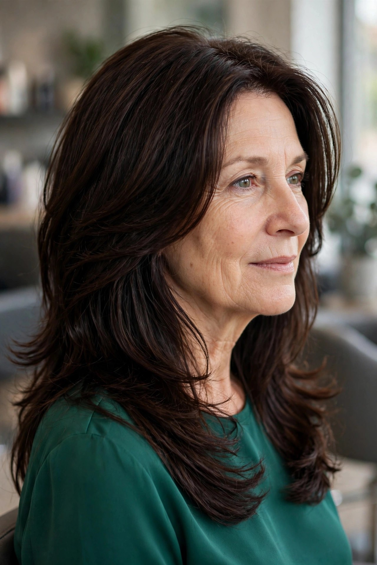 V-Cut Back with Long Cascading Layers - medium length haircut for thick hair on a woman over 50