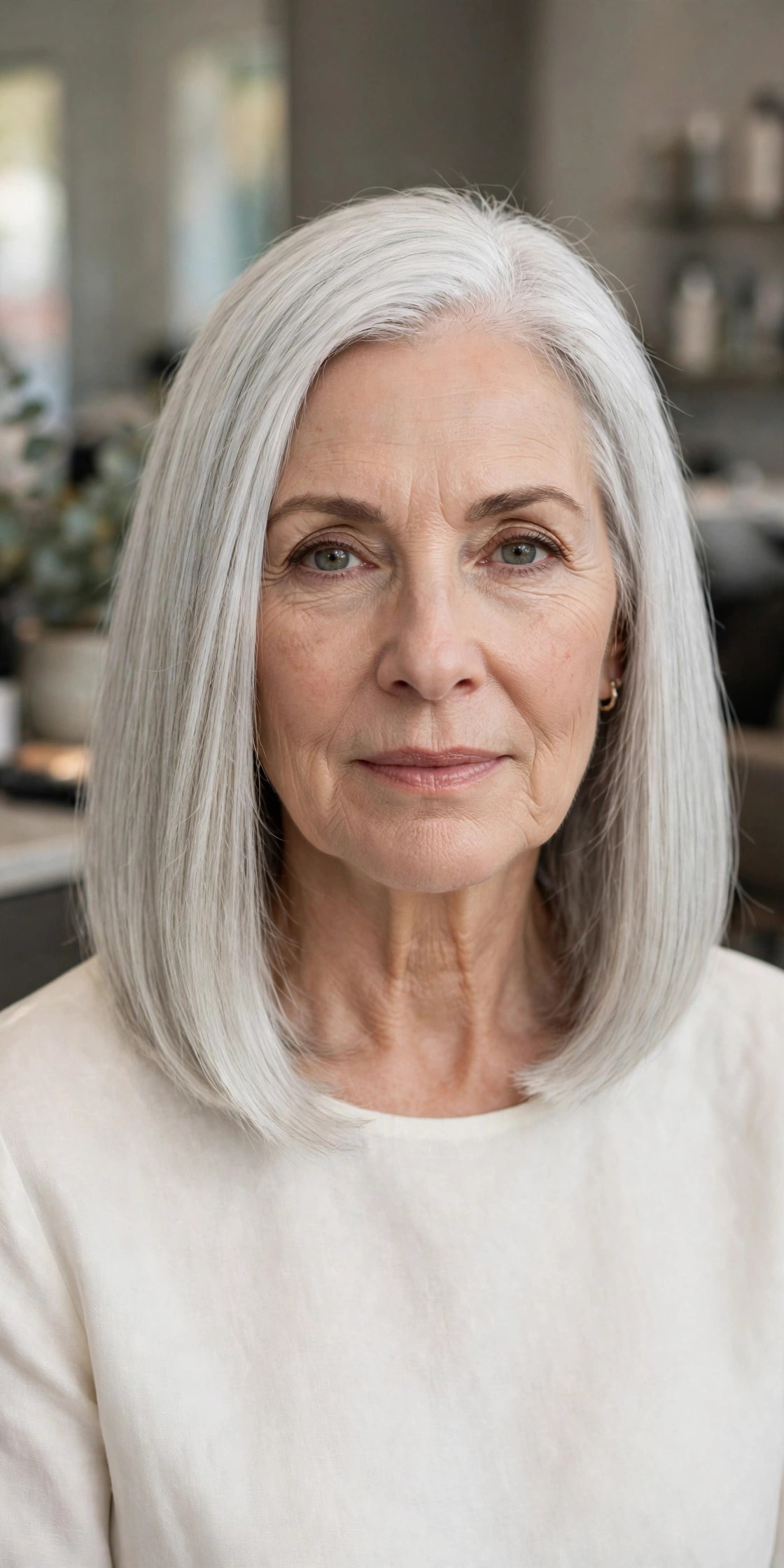 One-Length Collarbone Cut with Internal Thinning - medium length haircut for thick hair on a woman over 50
