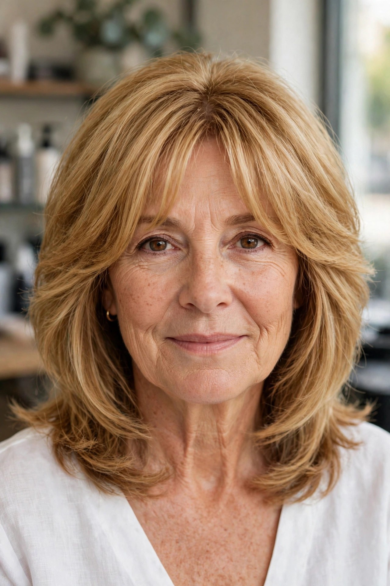 Collarbone Lob with Curtain Bangs - medium length haircut for thick hair on a woman over 50
