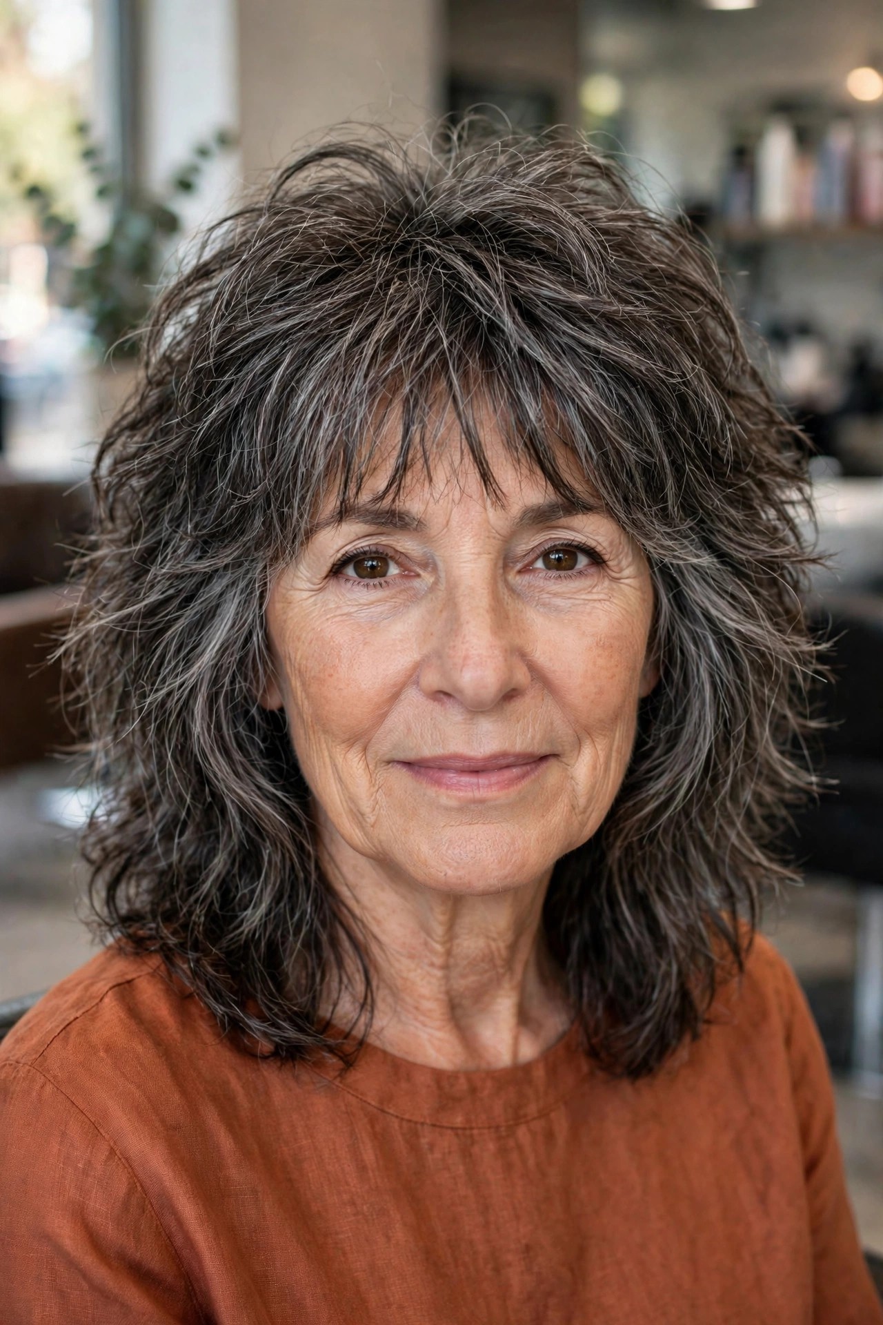 Textured Medium Shag with Wispy Bangs - medium length haircut for thick hair on a woman over 50
